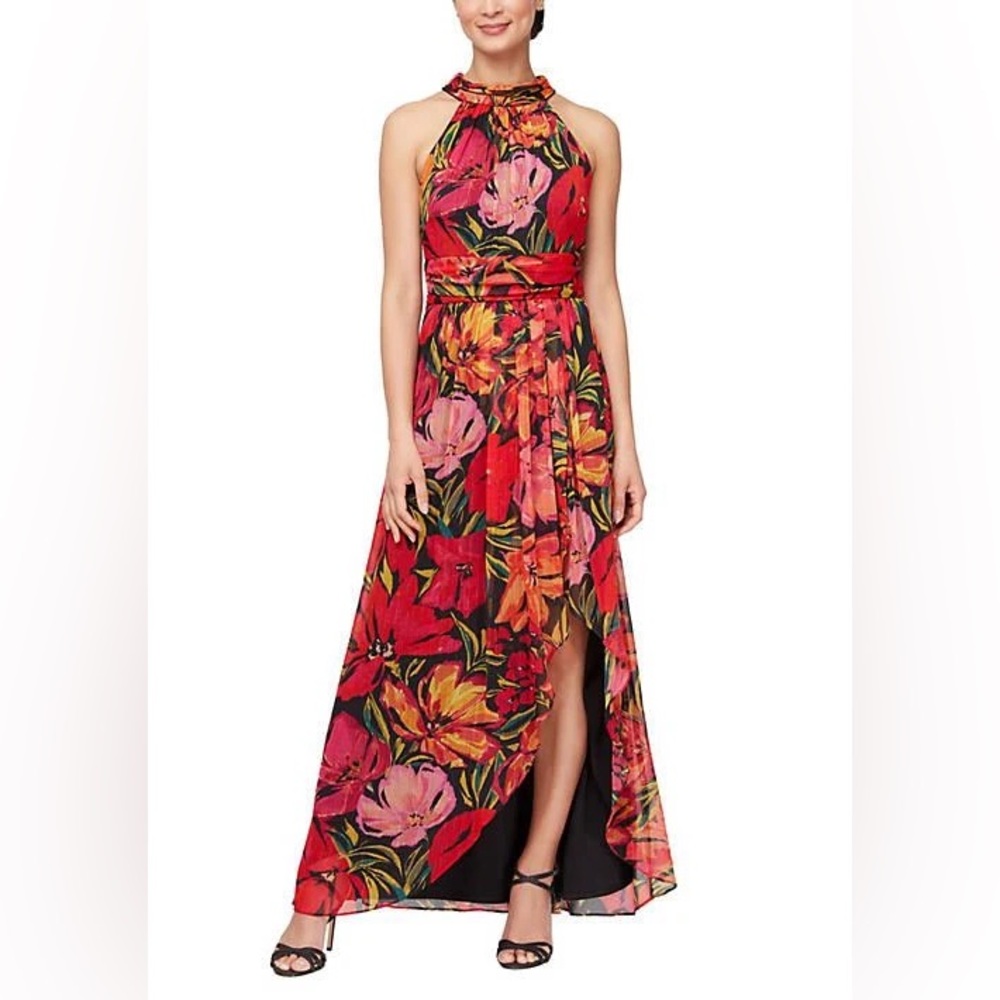 SLNY Printed Halter Neck Maxi With Tulip Cutaway Skirt